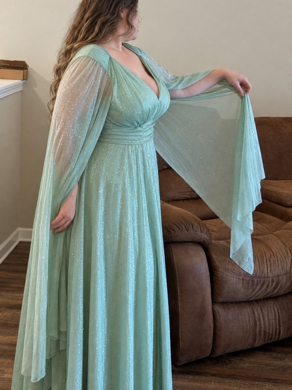 Plus Size Mint Green Formal Dress - Sparkly, Long, Side Slit - No built-in cups